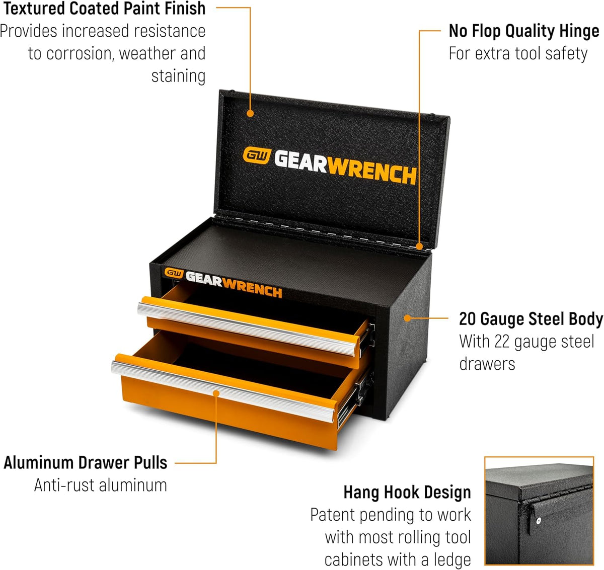 GEARWRENCH mini toolbox diagram detailing 20-gauge steel body construction, ball-bearing slides, no-flop hinge, and patent-pending hang hooks.