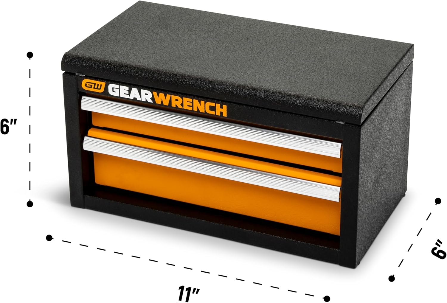 GEARWRENCH mini toolbox dimensions showing 11-inch length by 6-inch width and 6-inch height footprint metrics for compact storage planning.
