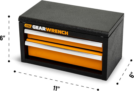 GEARWRENCH mini toolbox dimensions showing 11-inch length by 6-inch width and 6-inch height footprint metrics for compact storage planning.