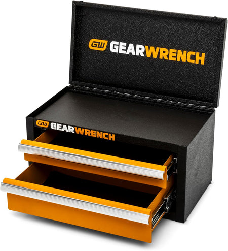 GEARWRENCH mini tool chest open with empty drawers lined with premium black EVA foam padding to protect small hand tools from damage.