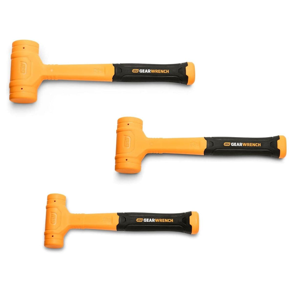 An overhead look at three orange and black GEARWRENCH dead blow hammers from the GWH3PCDB set, including the 18 oz, 24 oz, and 32 oz sizes, lined up horizontally against a plain white background.