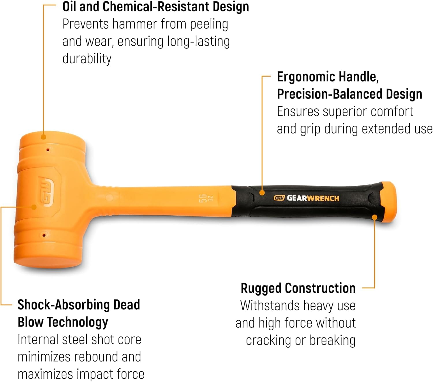 A technical feature graphic of an orange GEARWRENCH dead blow hammer with white text pointing out its oil and chemical-resistant coating, shock-absorbing technology with an internal steel shot core, ergonomic precision-balanced handle, and rugged construction.