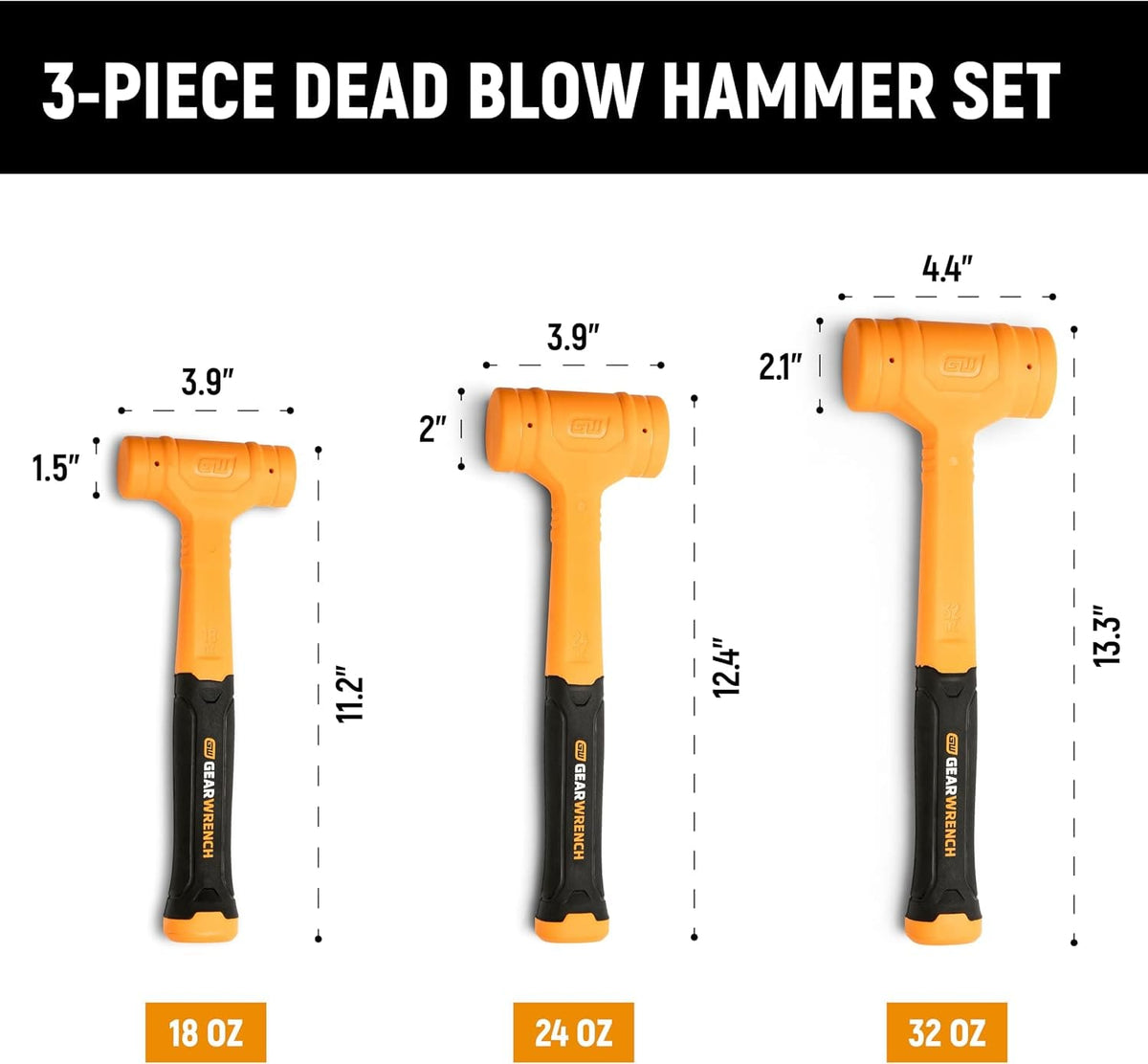 A dimension chart layout for the three-piece dead blow hammer set showing individual measurements for the 18 oz model at 11.2 inches long, the 24 oz model at 12.4 inches long, and the 32 oz model at 13.3 inches long.