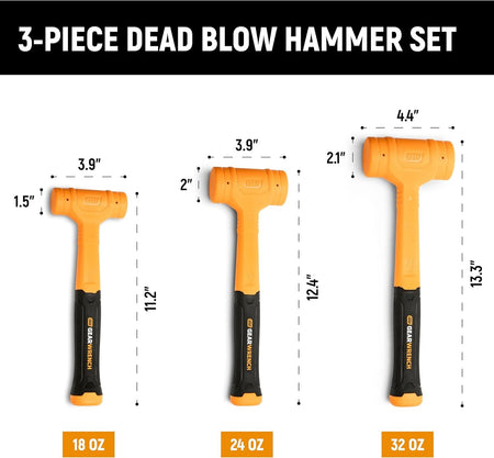 A dimension chart layout for the three-piece dead blow hammer set showing individual measurements for the 18 oz model at 11.2 inches long, the 24 oz model at 12.4 inches long, and the 32 oz model at 13.3 inches long.