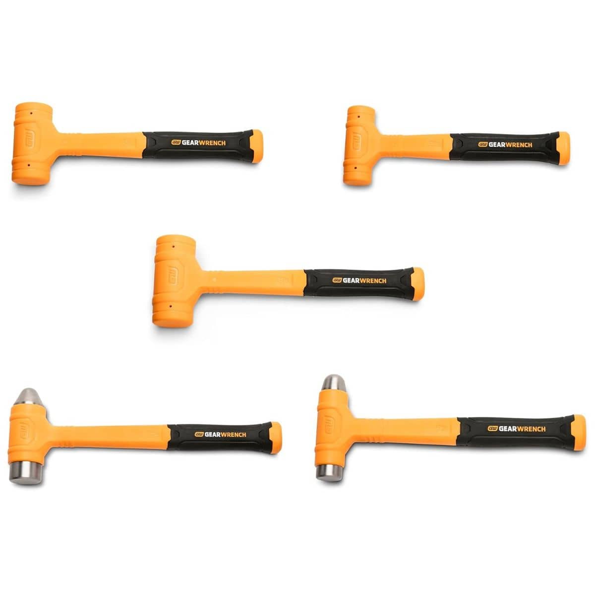 A comprehensive overhead product collection shot displaying the five orange and black hammers from the GEARWRENCH GWH5PCDB dead blow set, featuring three standard head dead blow hammers and two ball pein dead blow hammers organized on a solid white background.