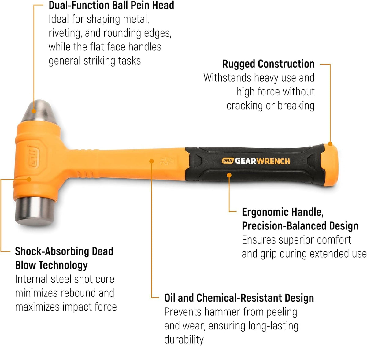 A technical feature infographic diagram of a GEARWRENCH ball pein dead blow hammer with text callouts highlighting its dual-function ball pein head, shock-absorbing internal steel shot core, oil and chemical-resistant polyurethane coating, and ergonomic balanced handle design.
