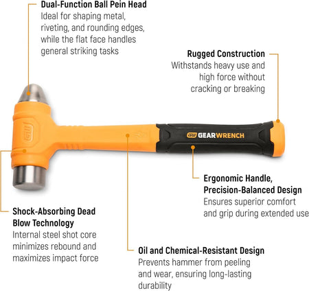 A technical feature infographic diagram of a GEARWRENCH ball pein dead blow hammer with text callouts highlighting its dual-function ball pein head, shock-absorbing internal steel shot core, oil and chemical-resistant polyurethane coating, and ergonomic balanced handle design.