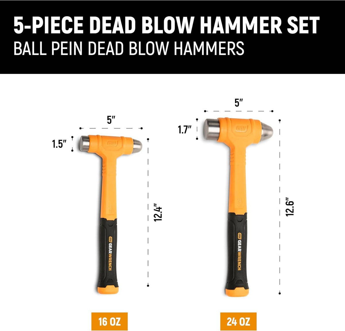 A dimension measurement chart layout for the two ball pein dead blow hammers in the GWH5PCDB set, illustrating specific technical metrics for the 16 oz model at 12.4 inches long and the 24 oz model at 12.6 inches long.