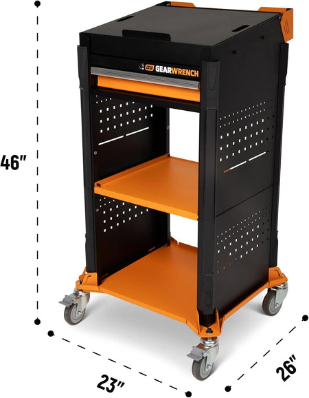 The front studio three-quarter view of the orange and black rolling service cart with structural dimension callouts detailing its 46-inch height, 23-inch width, and 26-inch length metrics.