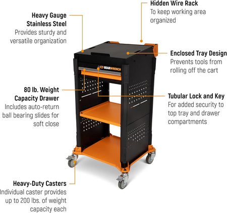 An informative commercial feature callout infographic highlighting key structural components of the mobile workcenter station including the heavy-gauge stainless steel top tray, 80-pound weight capacity drawer slides, and heavy-duty 200-pound casters.