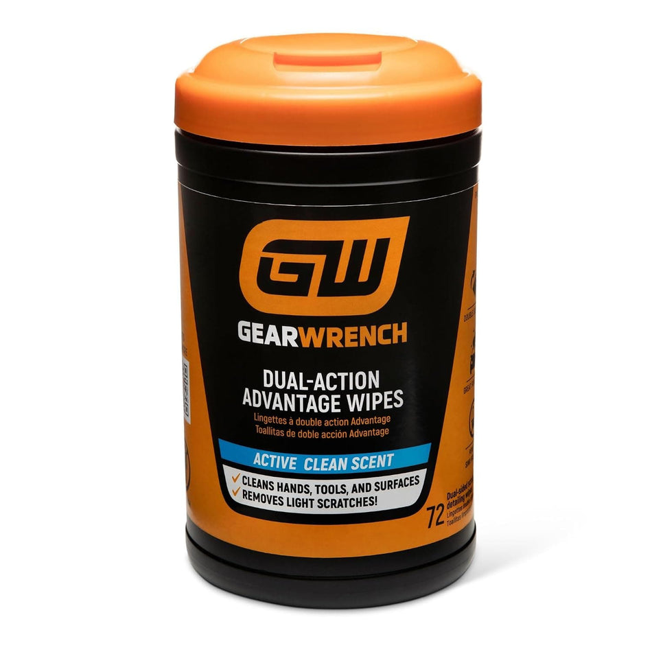 GEARWRENCH seventy-two count heavy duty dual-textured wipes in an orange-capped canister provide waterless shop cleaning for hands, tools, and surfaces.