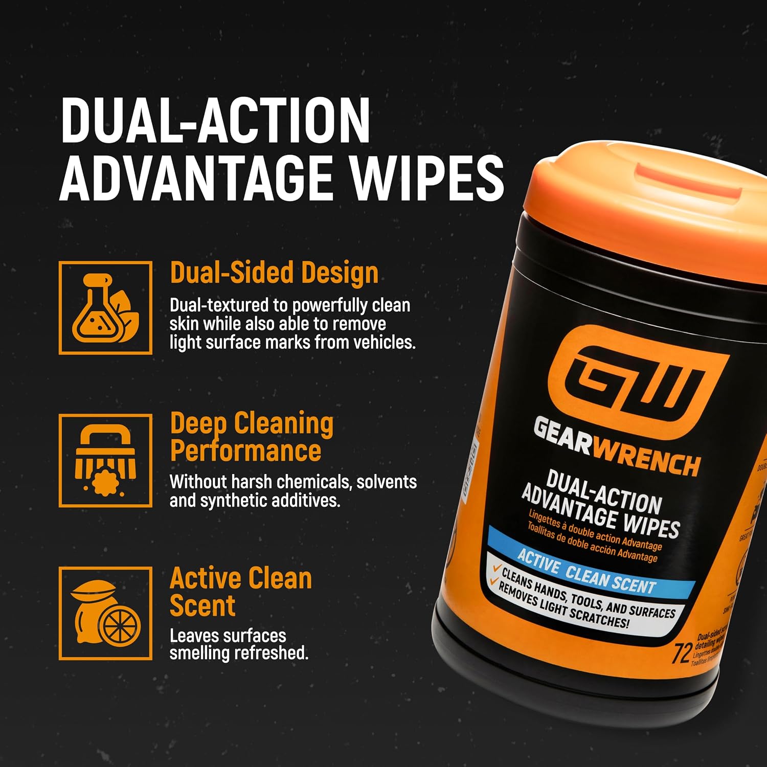 GEARWRENCH dual-action advantage wipes feature a solvent-free formula to clean hands deeply and remove light surface marks from vehicles.