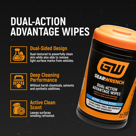 GEARWRENCH dual-action advantage wipes feature a solvent-free formula to clean hands deeply and remove light surface marks from vehicles.