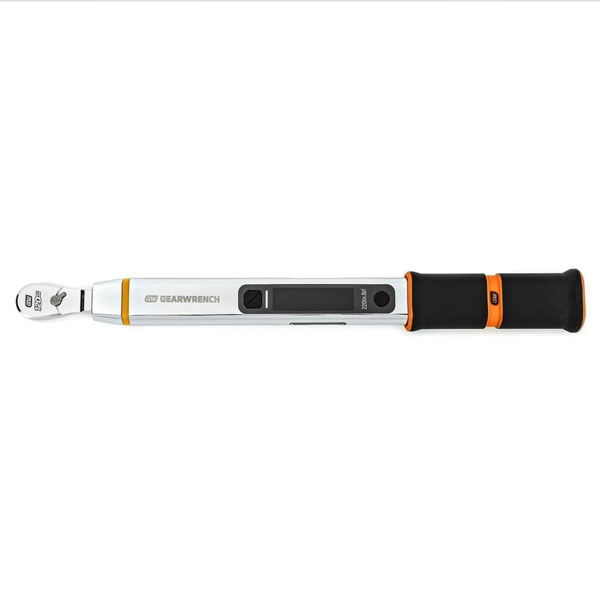 An overhead shot of the GEARWRENCH electronic torque wrench, showing the full length of the chrome body, the digital screen, and the 1/4 inch drive head.