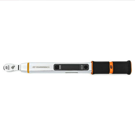 An overhead shot of the GEARWRENCH electronic torque wrench, showing the full length of the chrome body, the digital screen, and the 1/4 inch drive head.