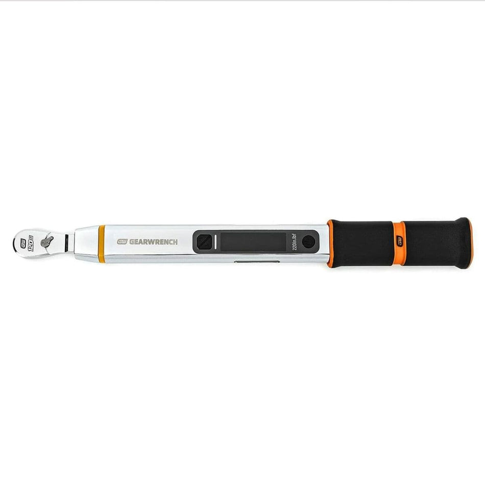 An overhead shot of the GEARWRENCH electronic torque wrench, showing the full length of the chrome body, the digital screen, and the 1/4 inch drive head.