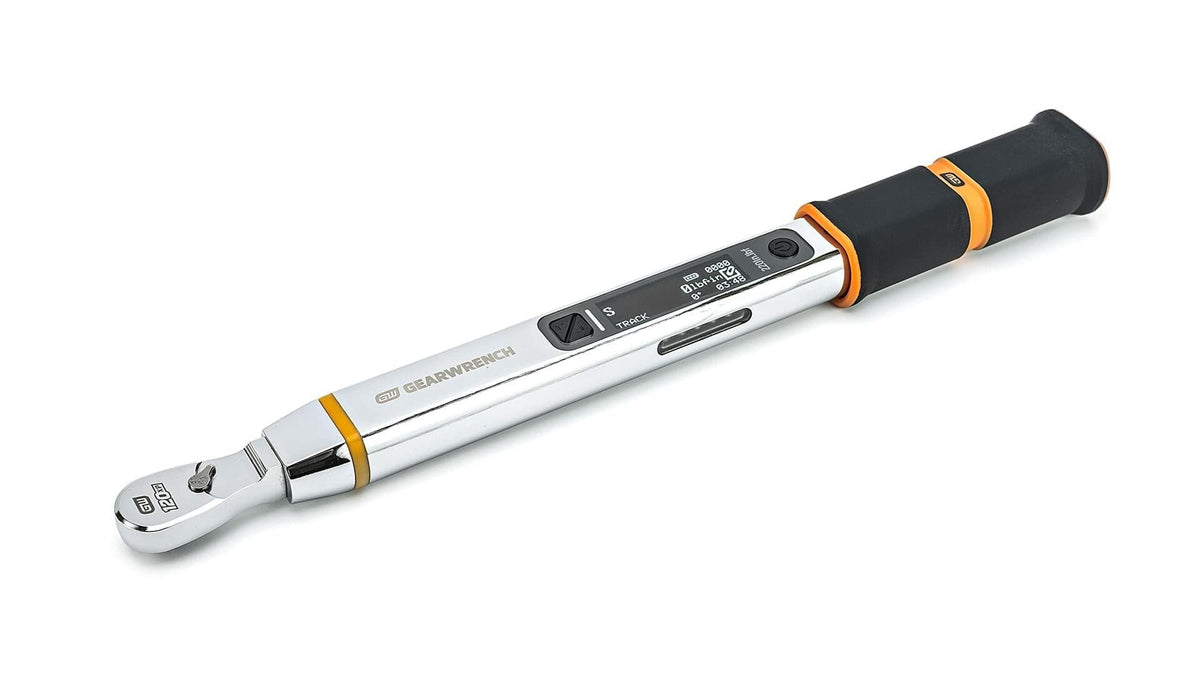 An angled view of the GEARWRENCH electronic torque wrench, showing the chrome body, black and orange handle, and the digital display screen.
