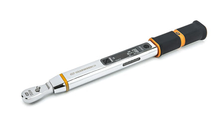 An angled view of the GEARWRENCH electronic torque wrench, showing the chrome body, black and orange handle, and the digital display screen.