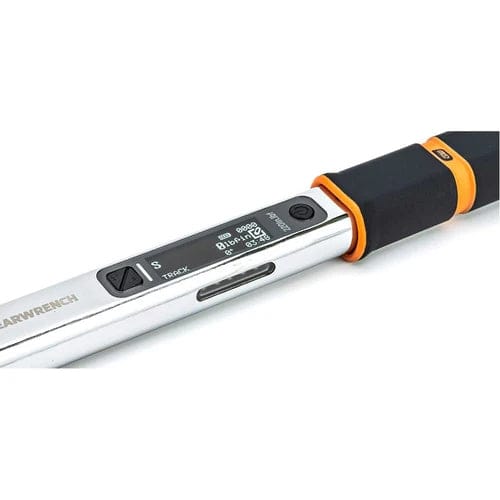 A close-up of the digital screen on the electronic torque wrench, showing the torque track mode, measurement units, and battery icon.