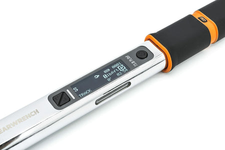 A close-up view of the digital display on the GEARWRENCH electronic torque wrench showing the torque track mode and digital readings.