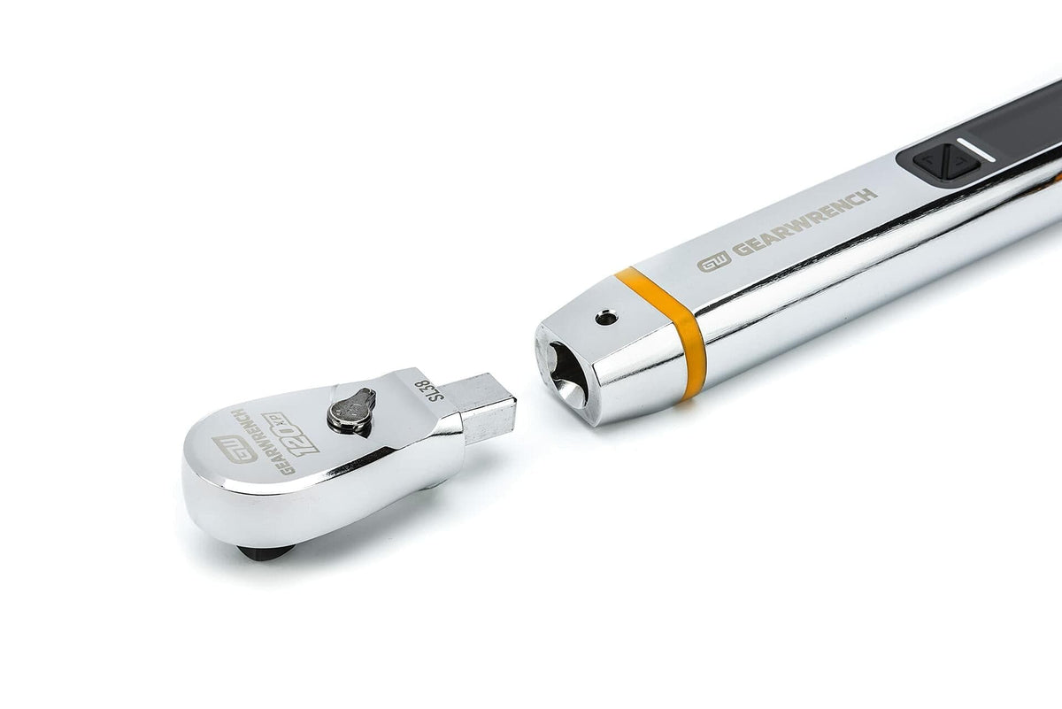 A close-up view showing the square interface where an interchangeable ratchet head is being connected to the main body of the electronic torque wrench.