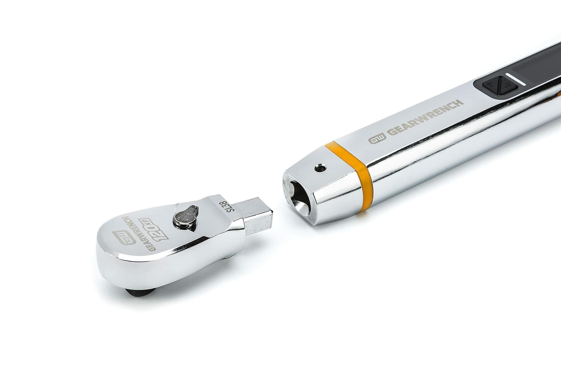 A close-up view showing the square interface where an interchangeable ratchet head is being connected to the main body of the electronic torque wrench.