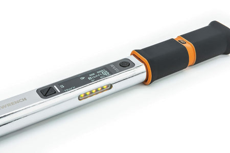 A close-up view of the digital display and indicator LEDs on the GEARWRENCH electronic torque wrench.