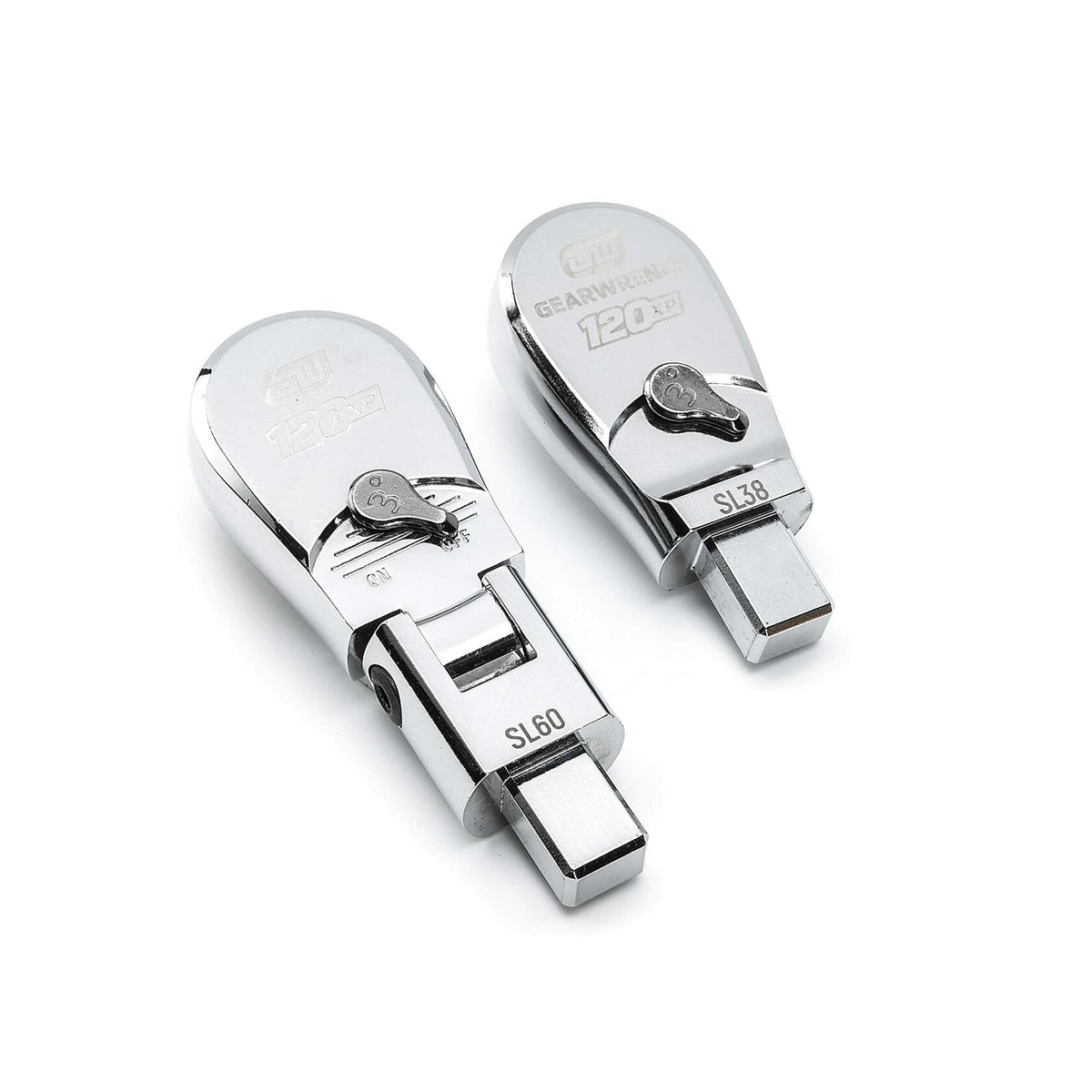 Two interchangeable heads for the torque wrench: a standard 3/8 inch square drive head and a 1/2 inch drive flex head, highlighting the 120XP technology.