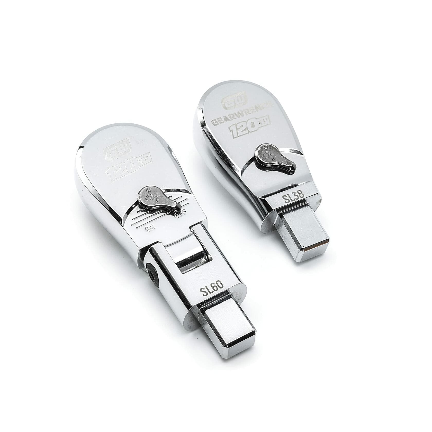 Two interchangeable heads for the torque wrench: a standard 3/8 inch square drive head and a 1/2 inch drive flex head, highlighting the 120XP technology.