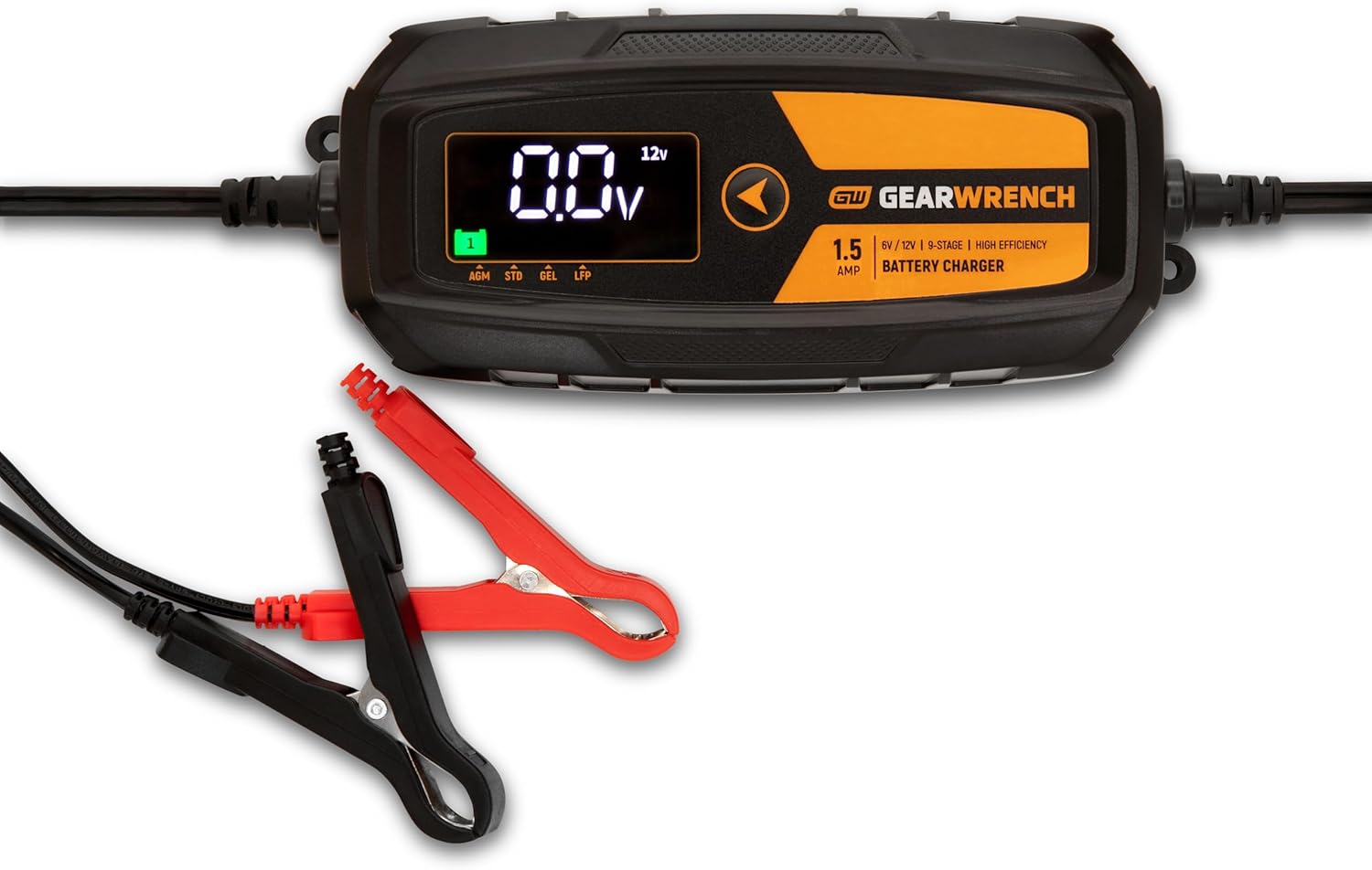 A studio product view of the GEARWRENCH 1.5A battery charger and maintainer. The image shows the main digital control unit with a black and molten orange housing, accompanied by the heavy-duty red and black battery terminal clamps.
