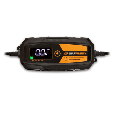 A direct overhead view of the GWBC015 digital interface. The bright LCD screen displays 0.0V and 12V indicators, with high-contrast icons for AGM, Standard, Gel, and LFP battery types, highlighting the 9-stage high-efficiency charging logic.