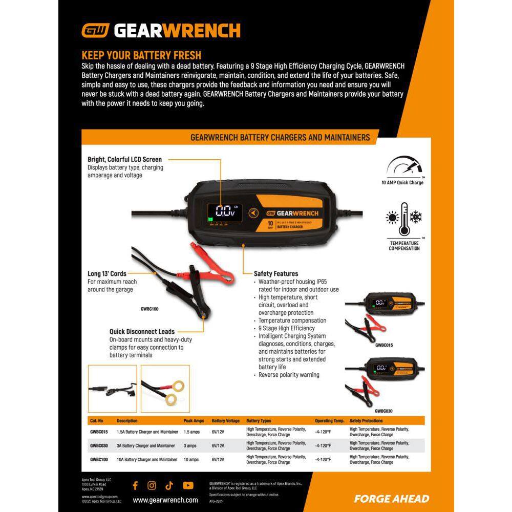 A technical marketing infographic for GEARWRENCH battery chargers and maintainers. Callouts highlight the colorful LCD screen, 13-foot long cords, quick-disconnect leads, IP65 weather-proof housing, and the intelligent 9-stage charging system. A comparison table at the bottom lists the 1.5A, 3A, and 10A models.