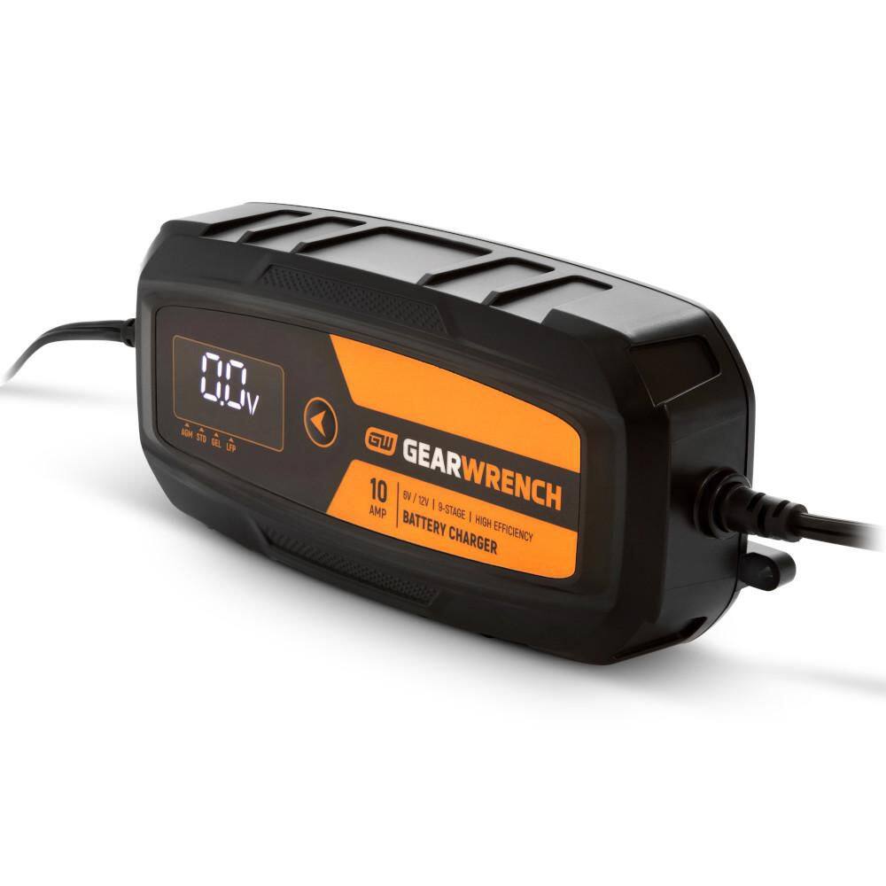 A three-quarter perspective view of the GEARWRENCH 10 Amp smart battery charger. The shot emphasizes the ruggedized plastic housing and the professional-grade strain relief on the high-reach power cables, illustrating the tool's durability for heavy-duty shop environments.