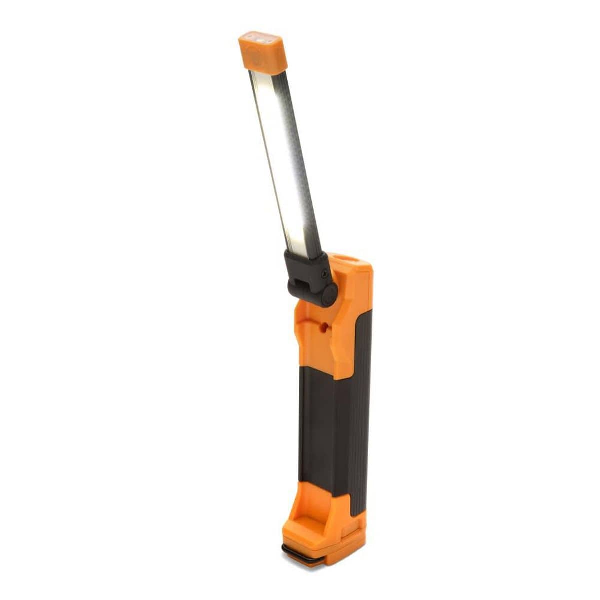 Full view of the GEARWRENCH GWFL105 rechargeable work light in its extended flood light mode, showing the orange and black industrial housing and high-mobility flex-head.