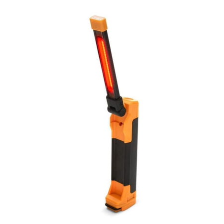 GEARWRENCH rechargeable work light in flex mode displaying the high-contrast red light LED function used for identifying fine details and fluid leaks in dark environments.