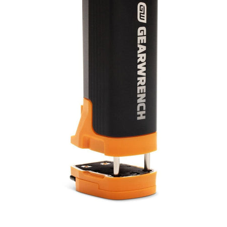 Detail shot of the extendable clamp base on the GEARWRENCH rechargeable light, designed for a secure grip on non-metallic surfaces.