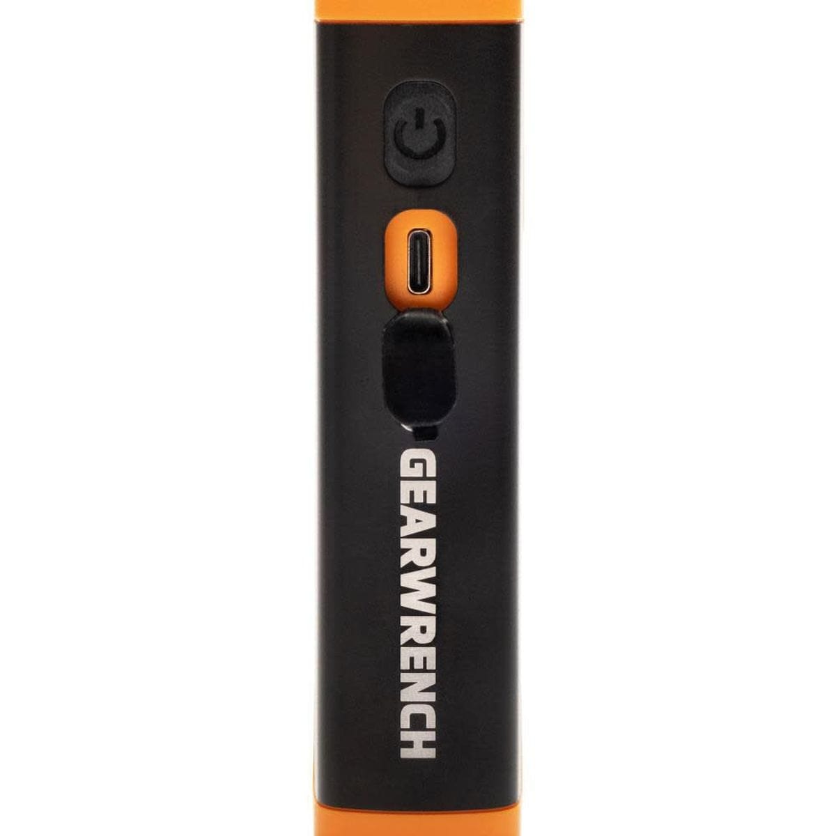 Close-up of the GEARWRENCH GWFL105 control interface showing the power button and the weather-protected USB-C charging port for modern job site compatibility.