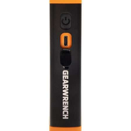 Close-up of the GEARWRENCH GWFL105 control interface showing the power button and the weather-protected USB-C charging port for modern job site compatibility.
