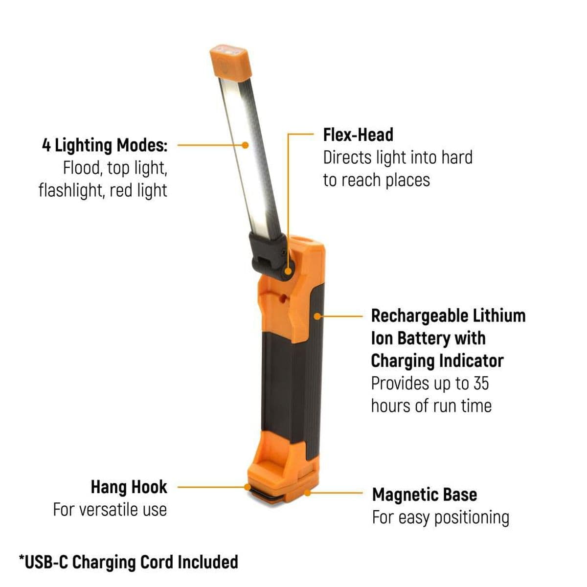 Annotated product graphic identifying key features of the GWFL105, including 4 lighting modes, flex-head, 35-hour runtime battery, hang hook, and magnetic base.