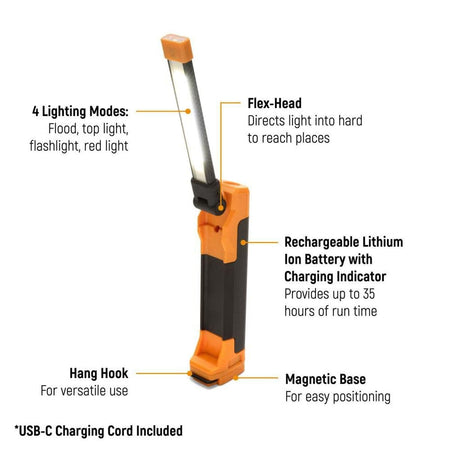 Annotated product graphic identifying key features of the GWFL105, including 4 lighting modes, flex-head, 35-hour runtime battery, hang hook, and magnetic base.