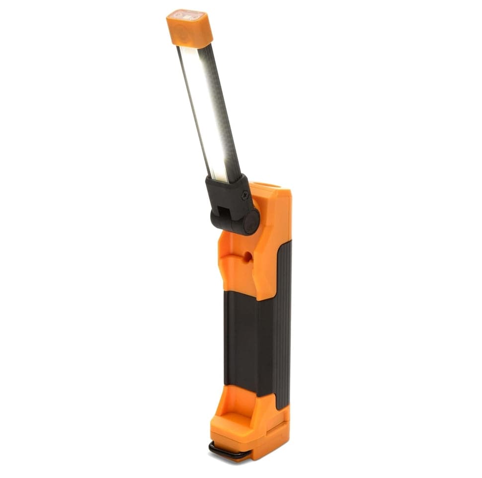 A professional GEARWRENCH 8.5-inch flex head rechargeable LED work light in high-visibility orange and black, featuring a slim articulated light bar for illuminating hard-to-reach automotive engine compartments.