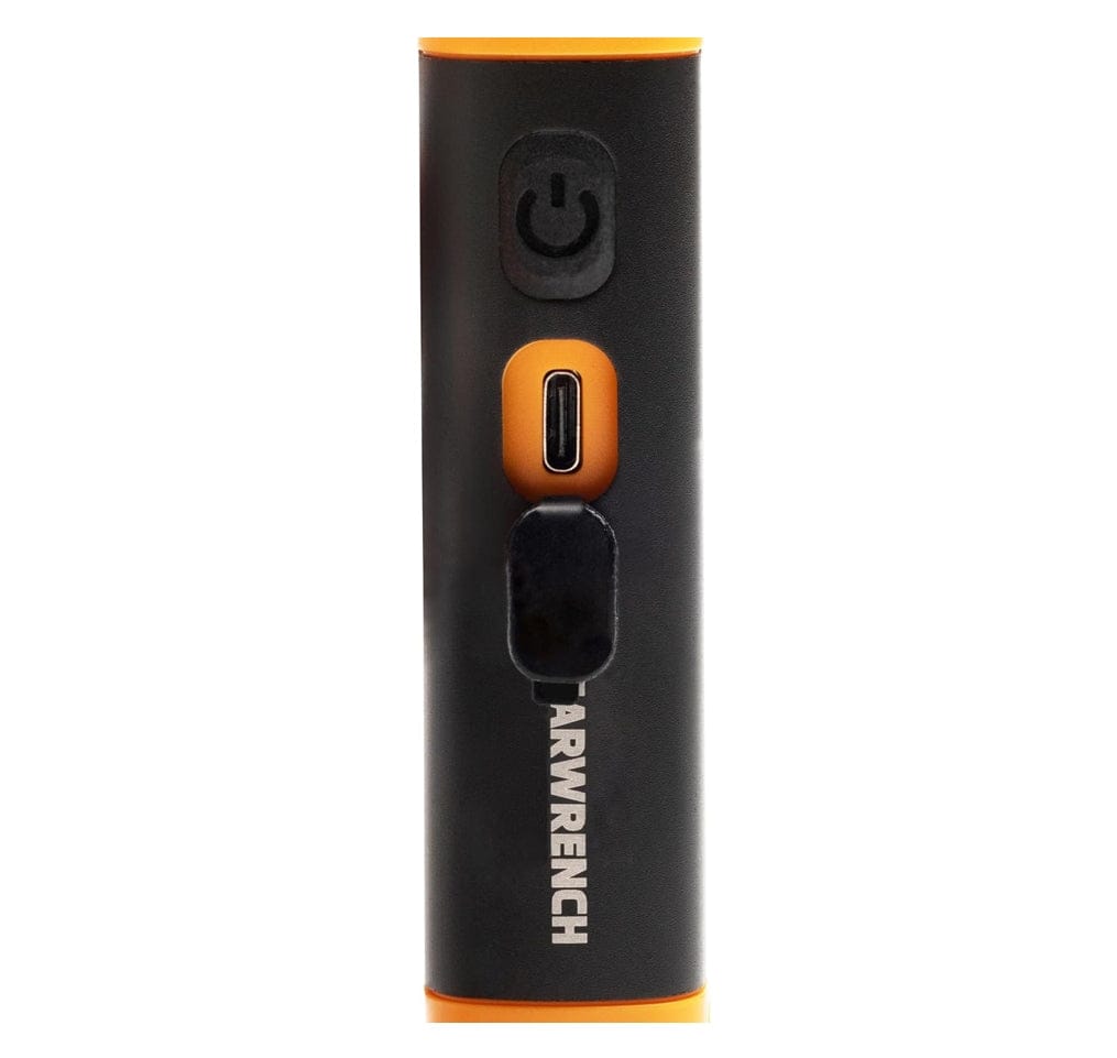 Close-up view of the GEARWRENCH flex head work light handle focusing on the power button and the USB-C charging port protected by a weather-resistant rubber cover.