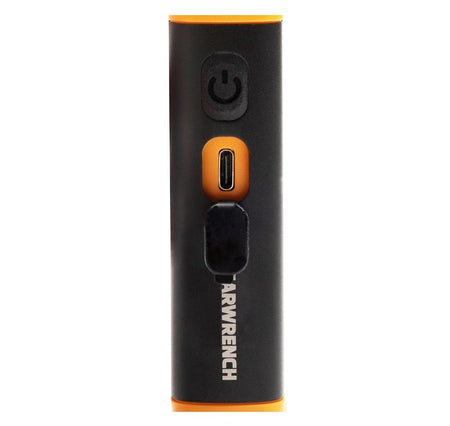 Close-up view of the GEARWRENCH flex head work light handle focusing on the power button and the USB-C charging port protected by a weather-resistant rubber cover.