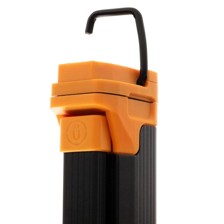 Detailed view of the integrated black hang hook on the top of the GEARWRENCH rechargeable inspection light, designed for hands-free overhead lighting versatility in industrial settings.
