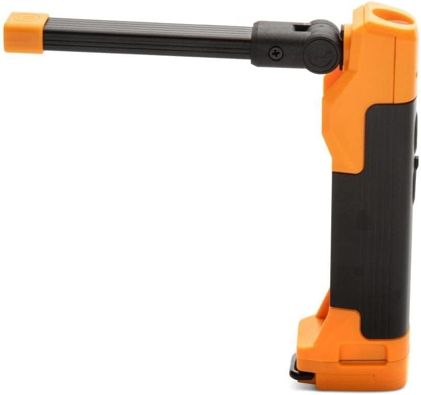 Side view of the GEARWRENCH rechargeable work light with the articulated flex-head positioned at a 90-degree angle, illustrating its ability to fit into tight spaces.