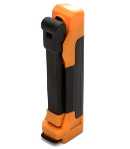The GEARWRENCH GWFL85 light shown in its fully folded position for compact storage and portability while the top-mounted flashlight mode is activated.