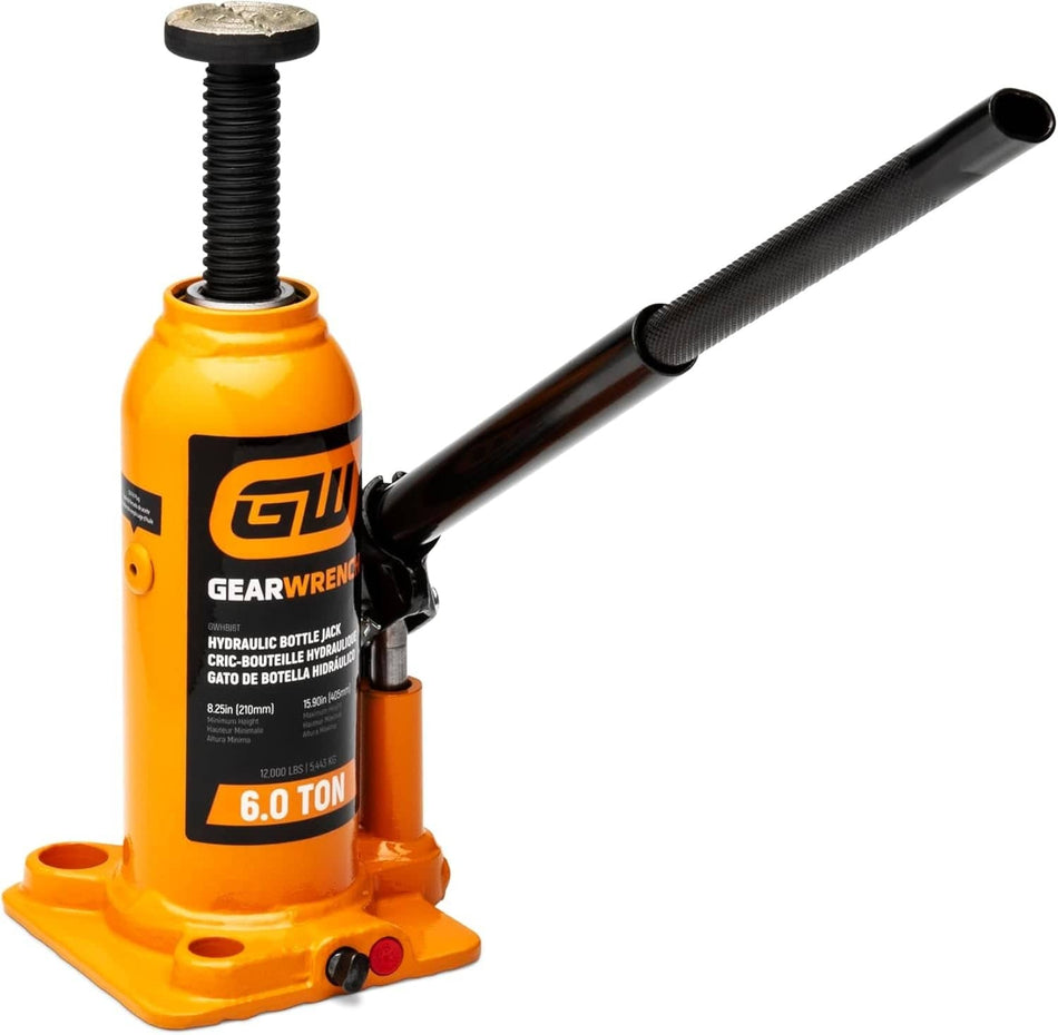 A molten orange GEARWRENCH 6.0 ton hydraulic bottle jack with a black multi-piece steel pump handle, featuring a heavy-duty welded steel design and a high-visibility finish for professional auto shop use.