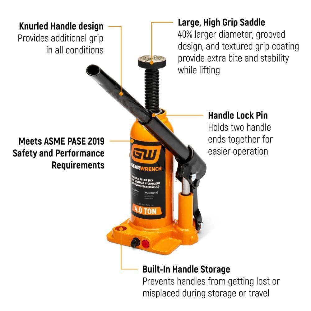 Feature infographic of the GEARWRENCH hydraulic bottle jack highlighting the knurled handle design for grip, a large high-grip saddle for stability, built-in handle storage, and compliance with ASME PASE 2019 safety requirements.