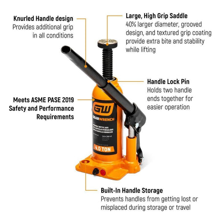 Feature infographic of the GEARWRENCH hydraulic bottle jack highlighting the knurled handle design for grip, a large high-grip saddle for stability, built-in handle storage, and compliance with ASME PASE 2019 safety requirements.
