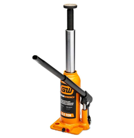 The GEARWRENCH GWHBJ6T 6-ton bottle jack shown with the extension screw and hydraulic ram fully extended to demonstrate its maximum lifting height of 15.9 inches.